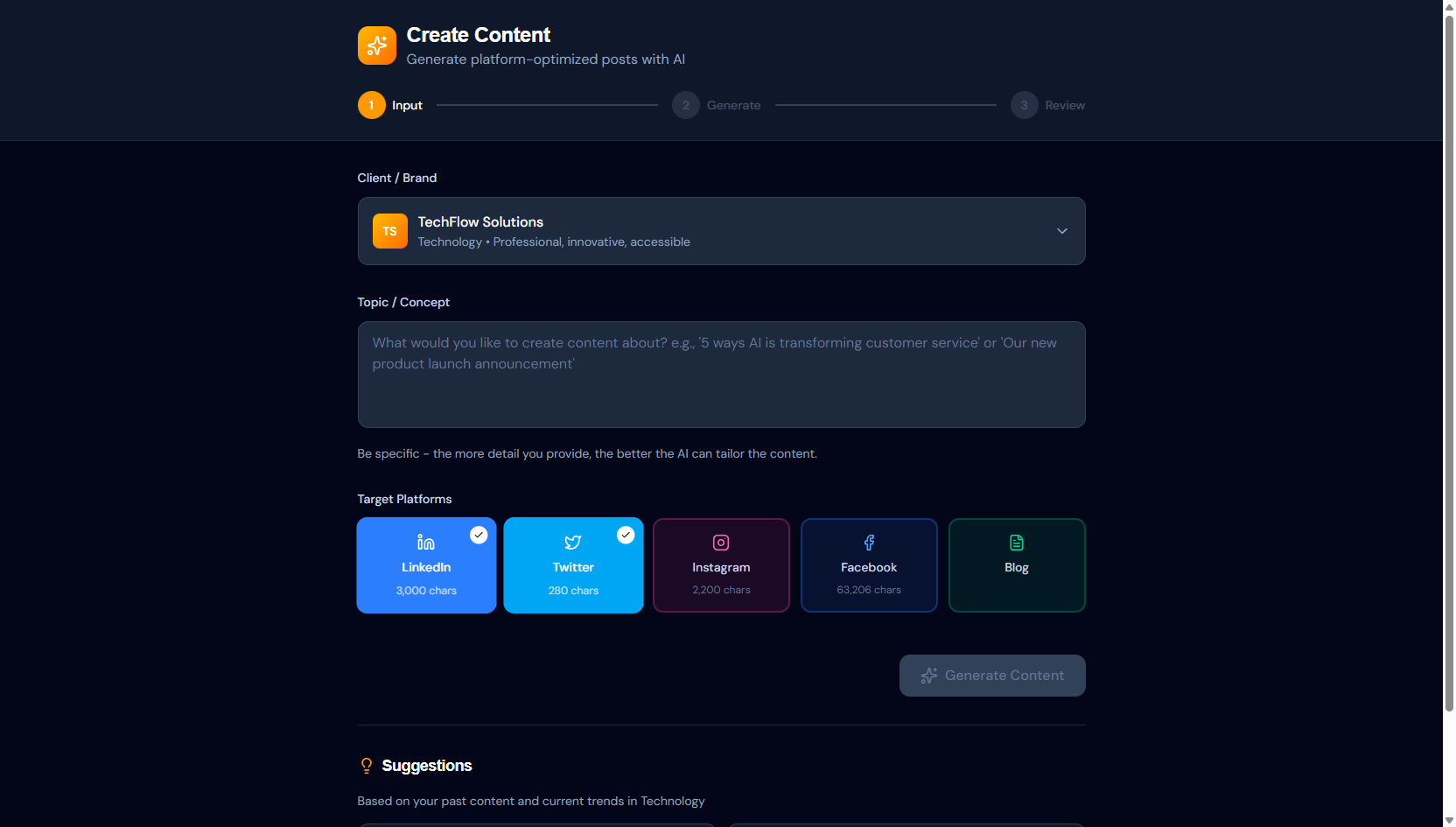 Content Generator — Input & Targeting